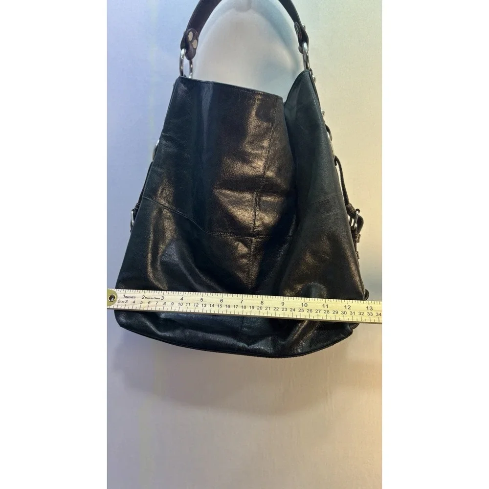 TANO Black Leather Hobo Shoulder Bag Purple Lining Studded Hardware